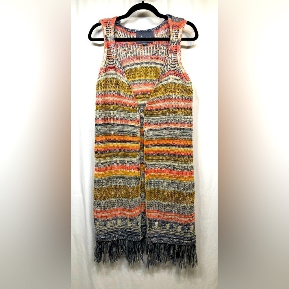 Paper Crane Knit Long Cardigan Duster Multicolor Fringe Open Front Medium